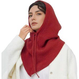 Women Red Hooded Scarf Winter Beanie Hats Beanies Knitted Crochet Hat